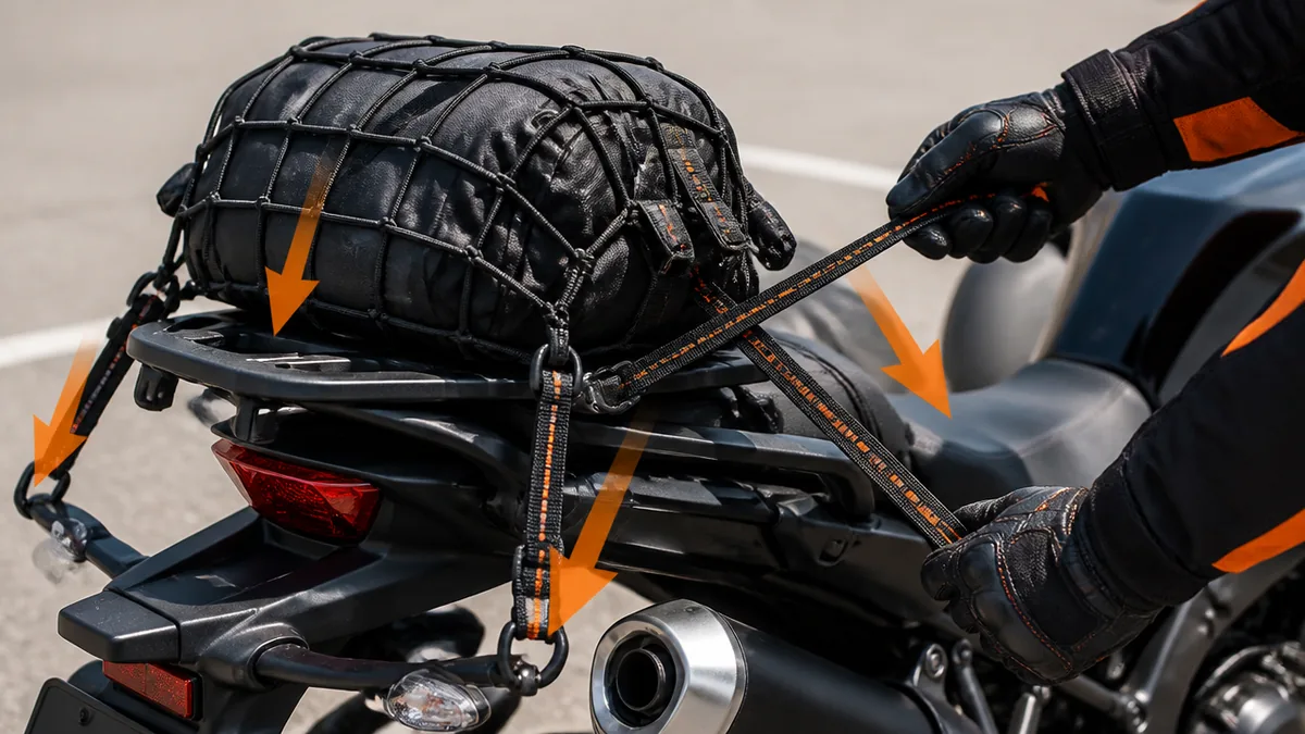 バイク荷物固定のやり方は「面で押さえて4点で引く」が基本の解説画像